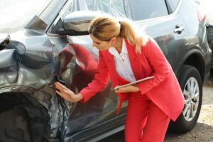 Insurance agent checking for car damages.