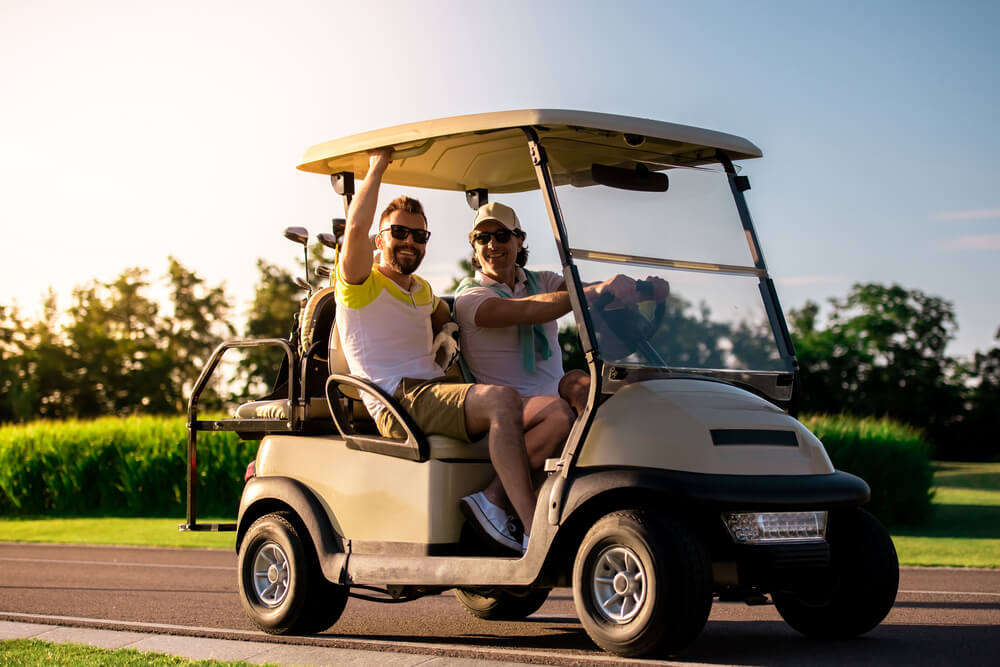 Best buddies riding in the golf cart.